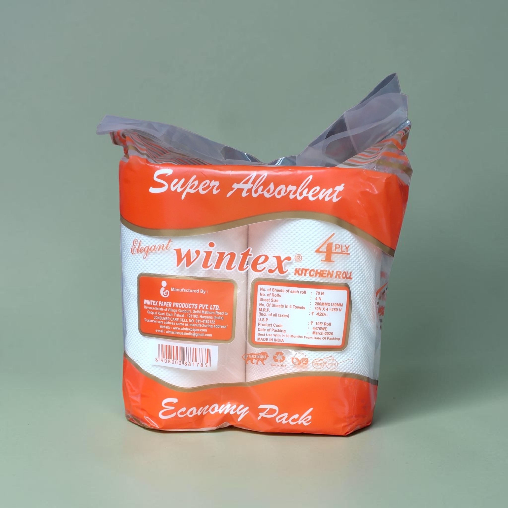 Wintex ELEGANT 4 Ply Kitchen Paper Rolls(Packs of 4 Rolls,)