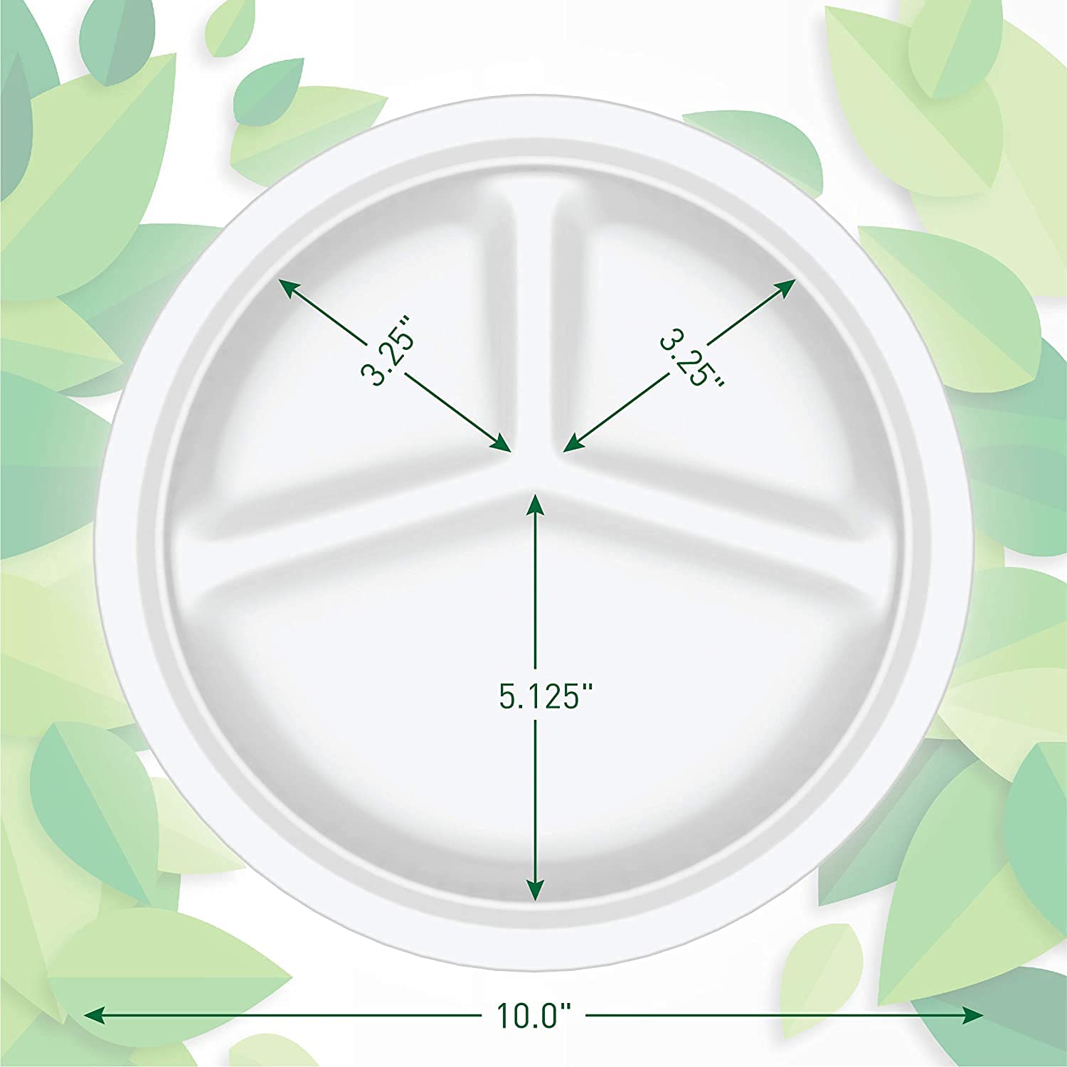 10 inch 3 Compartment Plate, Compostable Round Sugarcane Bagasse Plates, White, Pack of 25